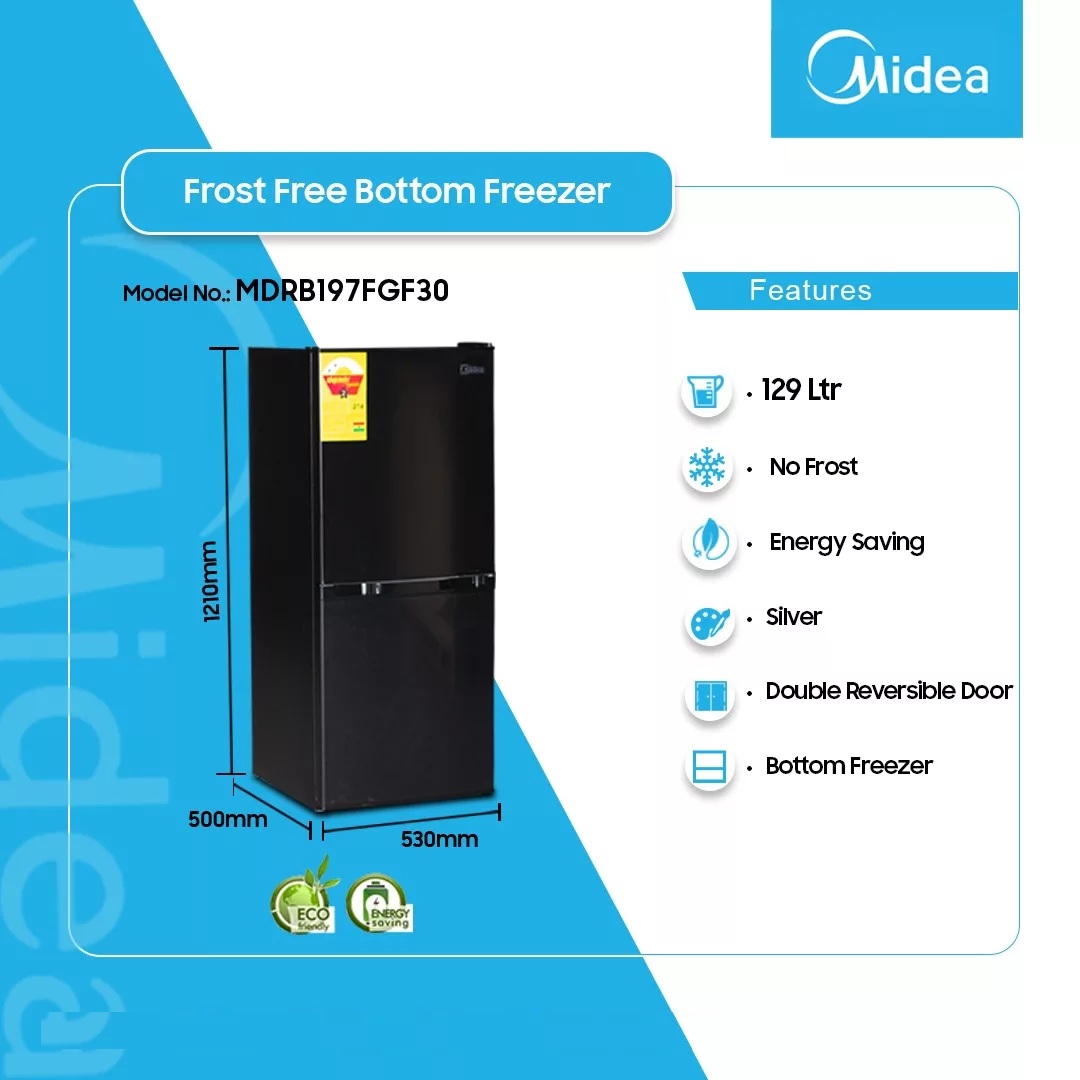Midea 129ltr Double Door Bottom Freezer Mdrb197fgf30