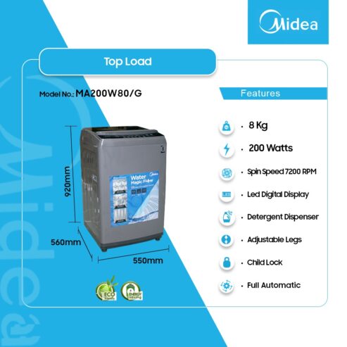 Midea 8kg Top Load Full Auto Washing Machine Ma200w80/G