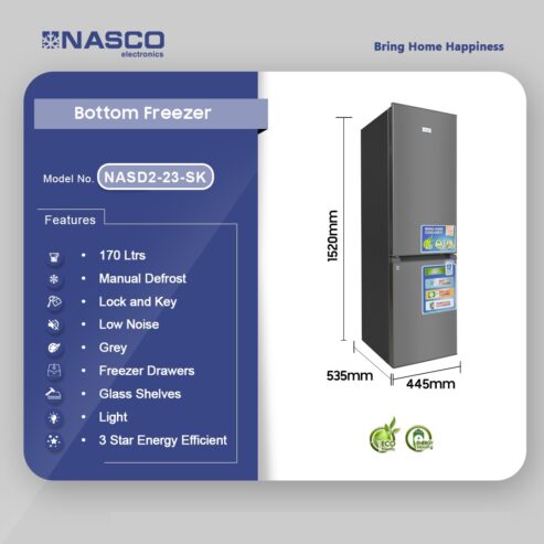 Nasco 170ltr Bottom Freezer Refrigerator Nasd2-23-Sk