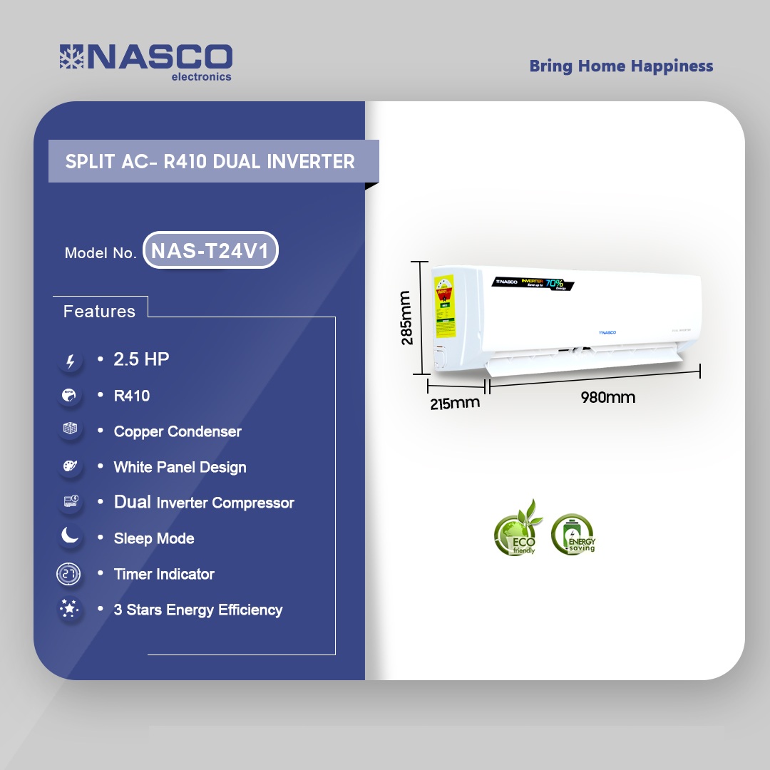 Nasco 2.5hp R410 Split Dual Inverter Air Conditioner Nas T24v1