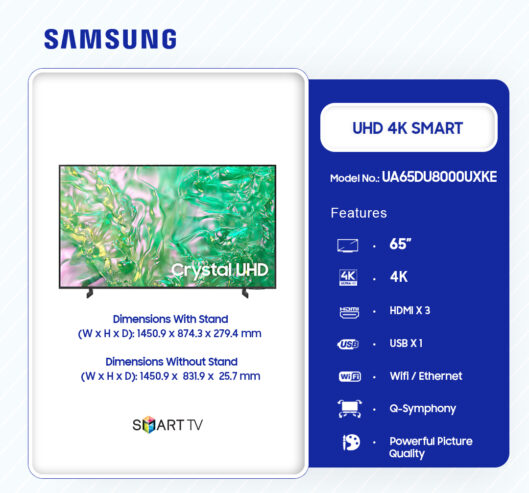 Samsung 65″ Crystal Uhd 4k Smart Tv Ua65du8000uxke