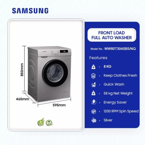 Samsung 8kg Front Load Full Auto Washer Washing Machine Ww80t3040bs/Nq