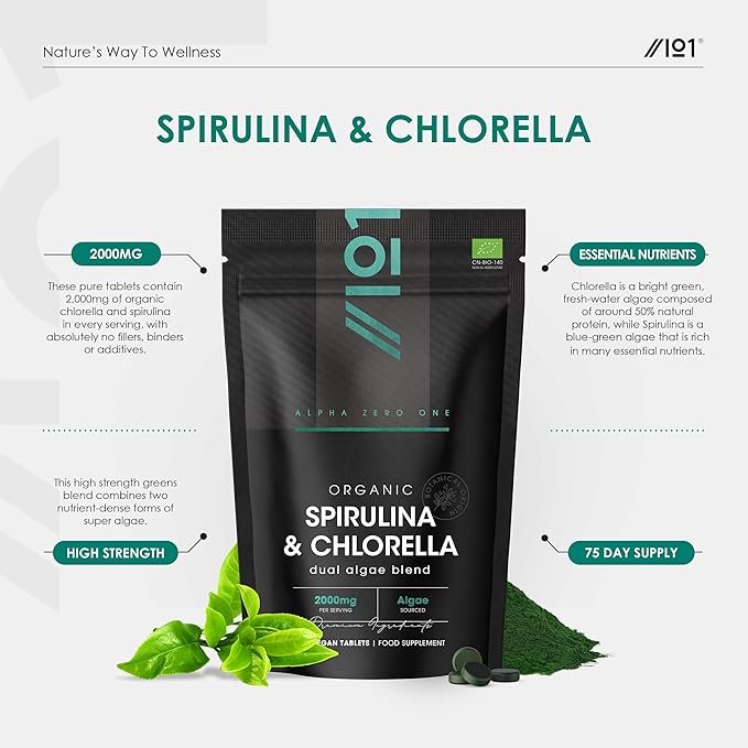 Organic Spirulina & Chlorella 2000mg 300 Tablets Supplement